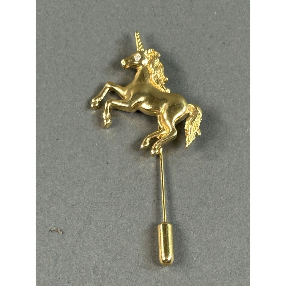 Vintage Gold Tone Unicorn Stick Pin Lapel Hat Pin Rhinestone Eye Figural Brooch
